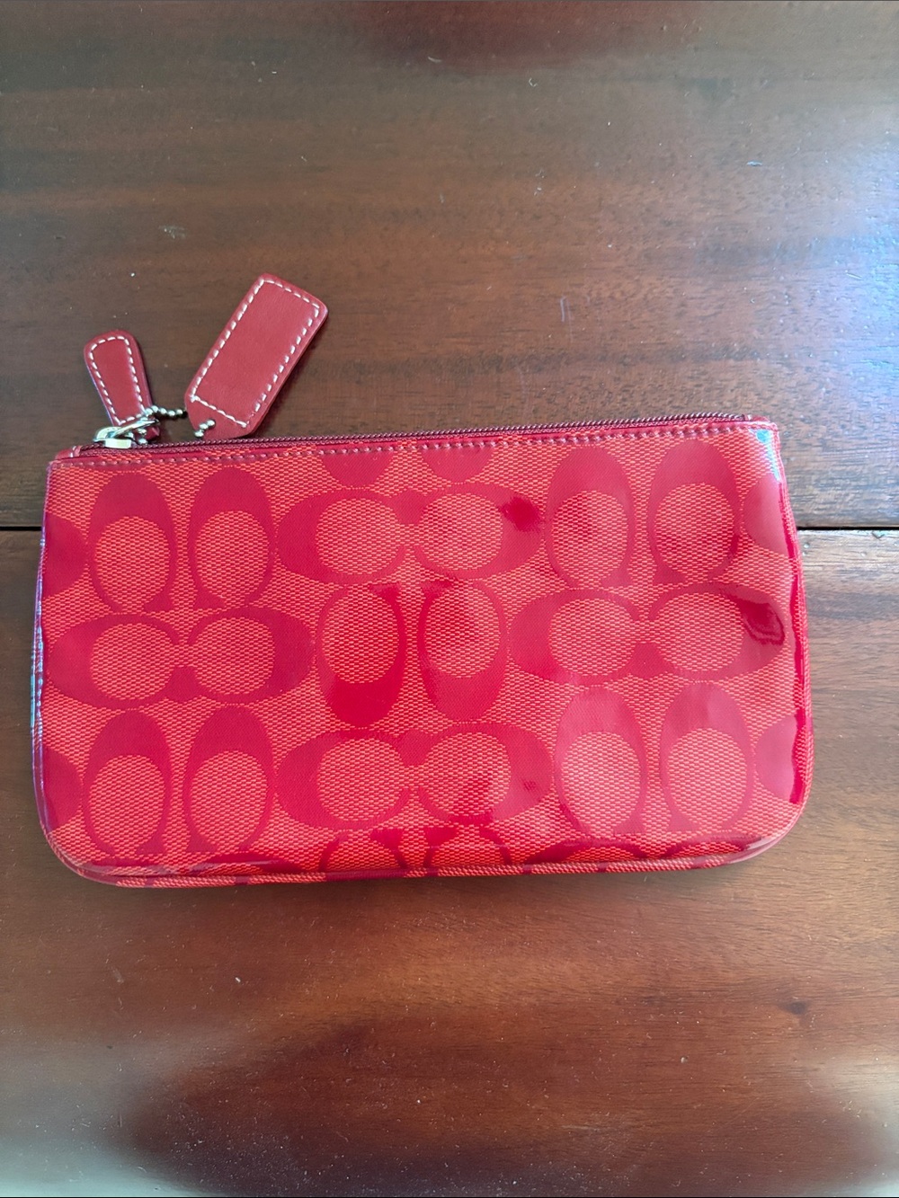 Coach Red Signature Patent Zip Wallet
